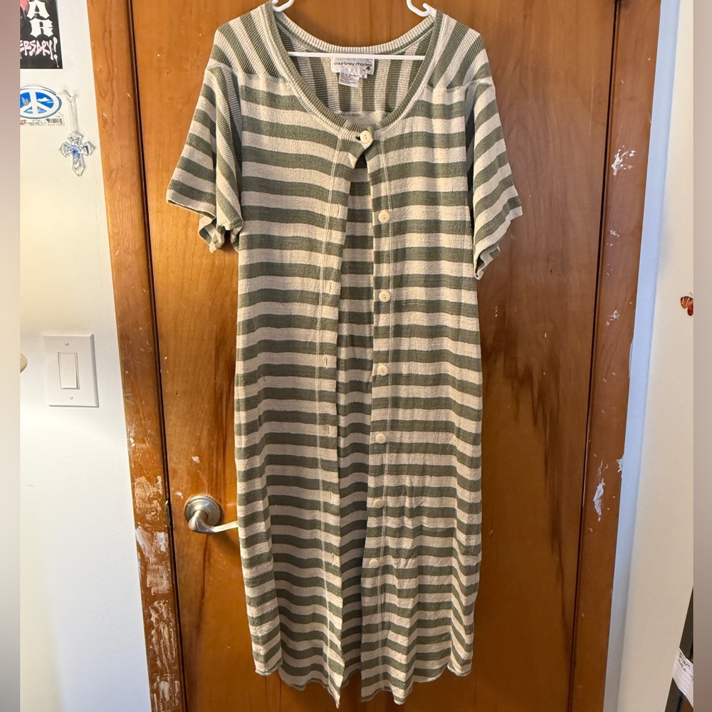 Courtney Rhodes Vintage Green and Cream Striped Long Short Sleeve Cardigan